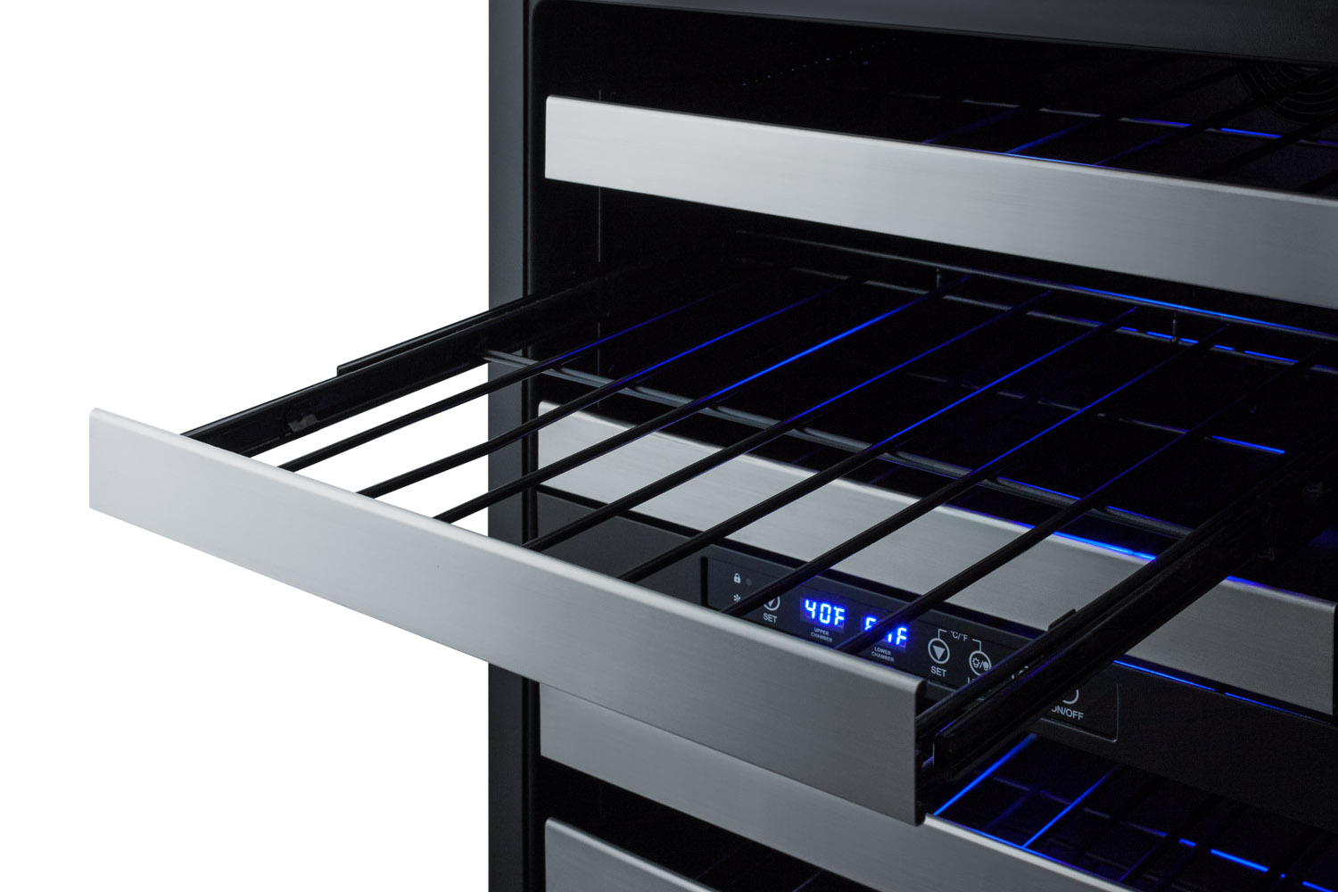 Commercially approved dual zone built-in wine cellar designed for the display and refrigeration of beverages, with digital thermostat, seamless stainless steel trimmed glass door, and black cabinet